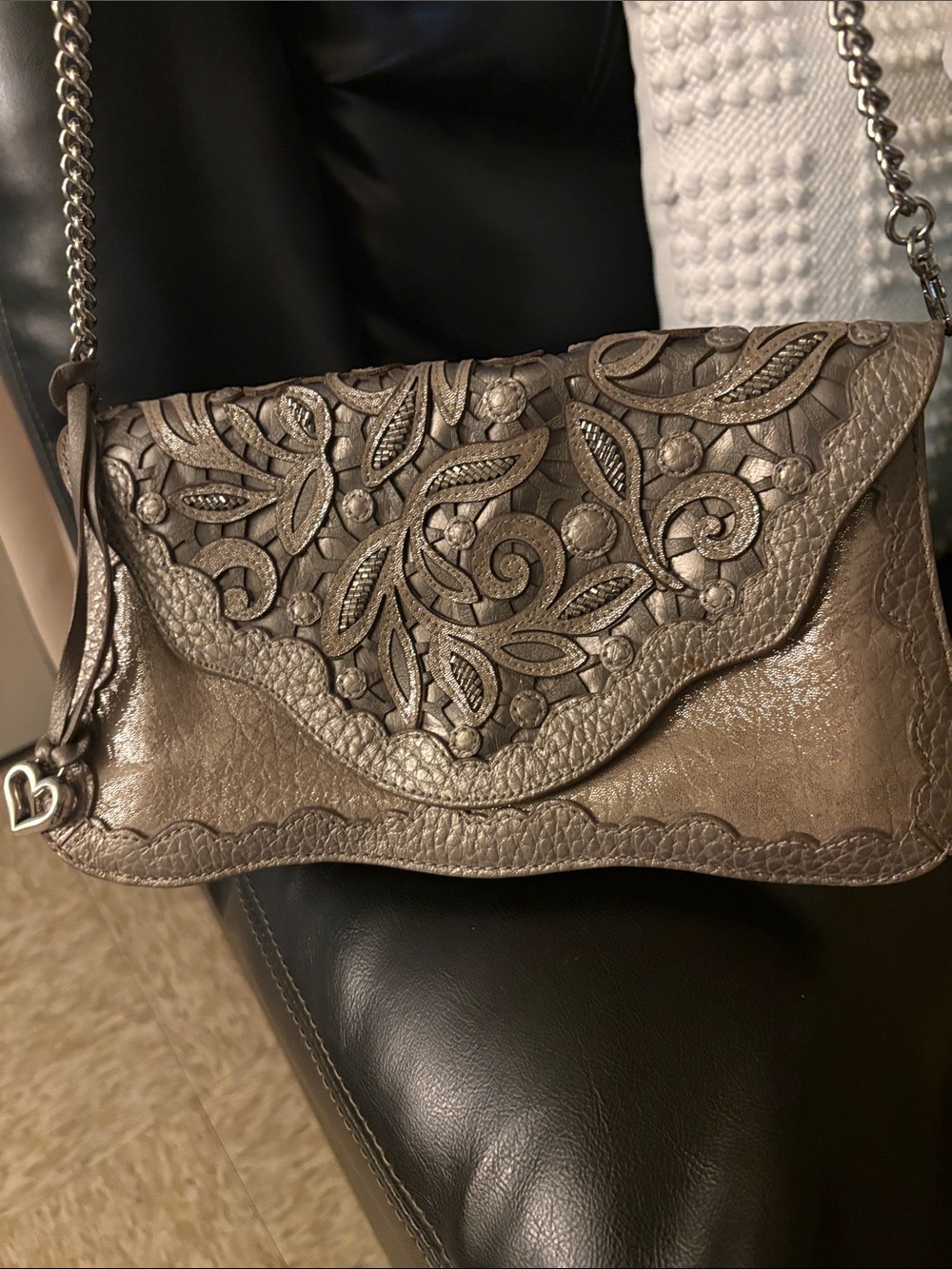 Bronze Embroidered Shoulder Bag with Chain Strap